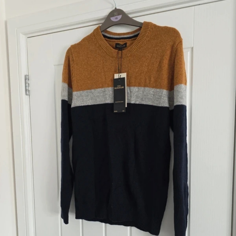 Next Signature Woolblend jumper navy grey and mustard BNWT